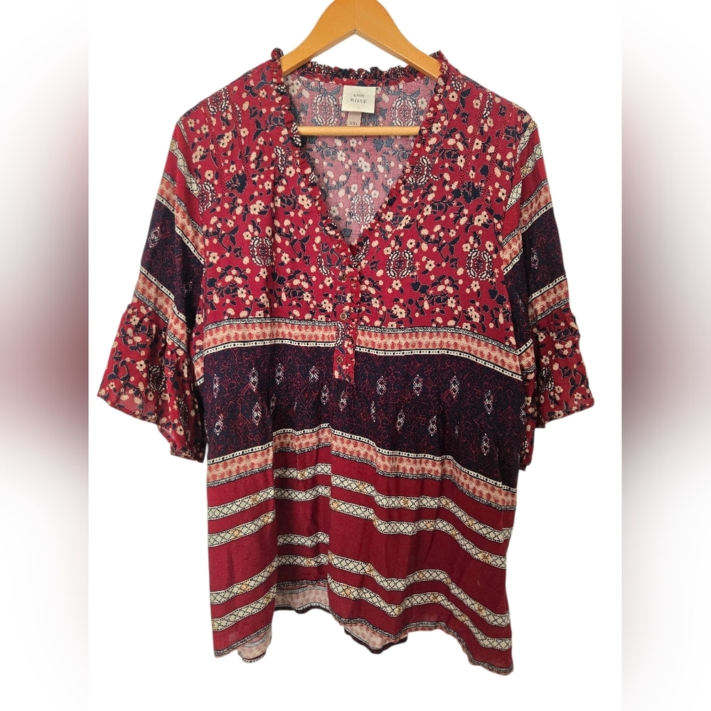 Knox Rose Red and Blue Floral Blouse Size XXL - Picture 1 of 4